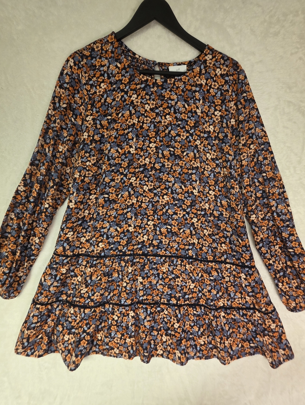 J.Jill Navy Blue and Orange Floral Long-Sleeve Lace Ruffle Midi Dress Size Mediu